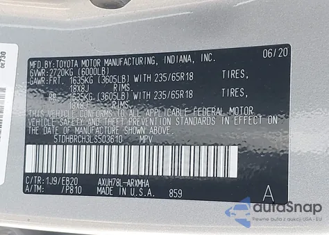 2020 Toyota Highlander Hybrid Xle z USA, uszkodzony, nr VIN 5TDHBRCH3LS503610